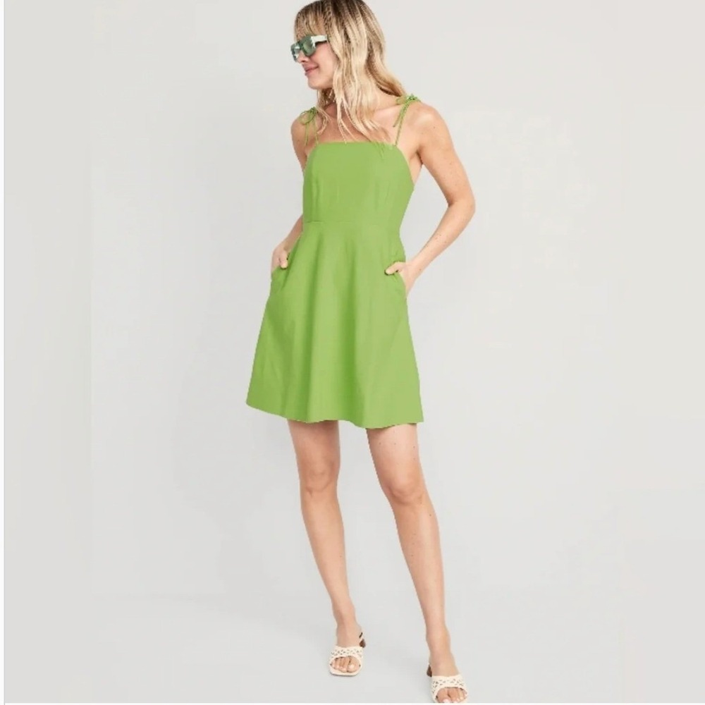 Old Navy Linen Blend Fit & Flare Lime Green Tie Shoulder Mini Cami Dress SZ M